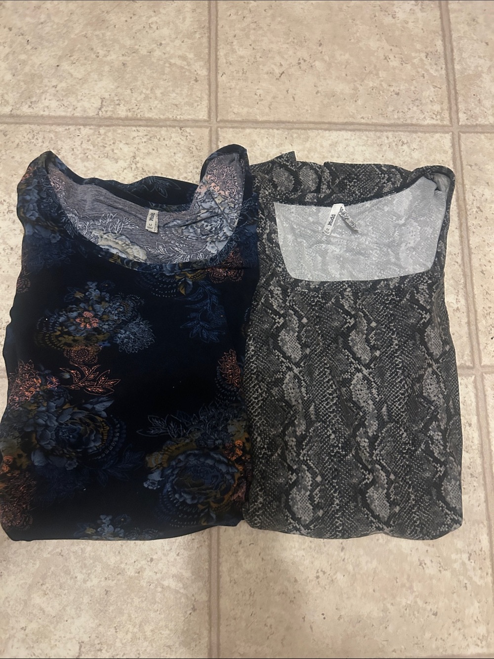 Mudd Two-Pack Long Sleeve Tops — Navy Floral & Gray Snake Print